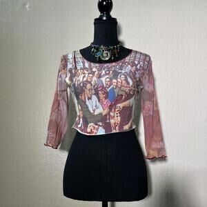 Vintage Clio 90s Graphic Fairy core Print Sheer Cropped Long Sleeve Y2K Top
